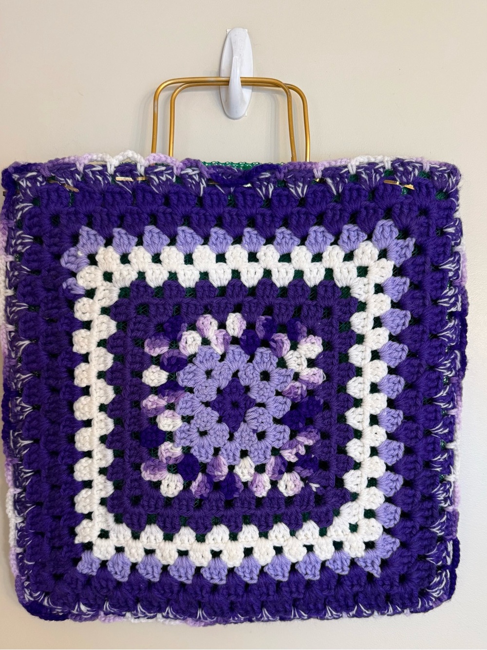 Crocheted Granny Square Handbag - Purple & White 16x16